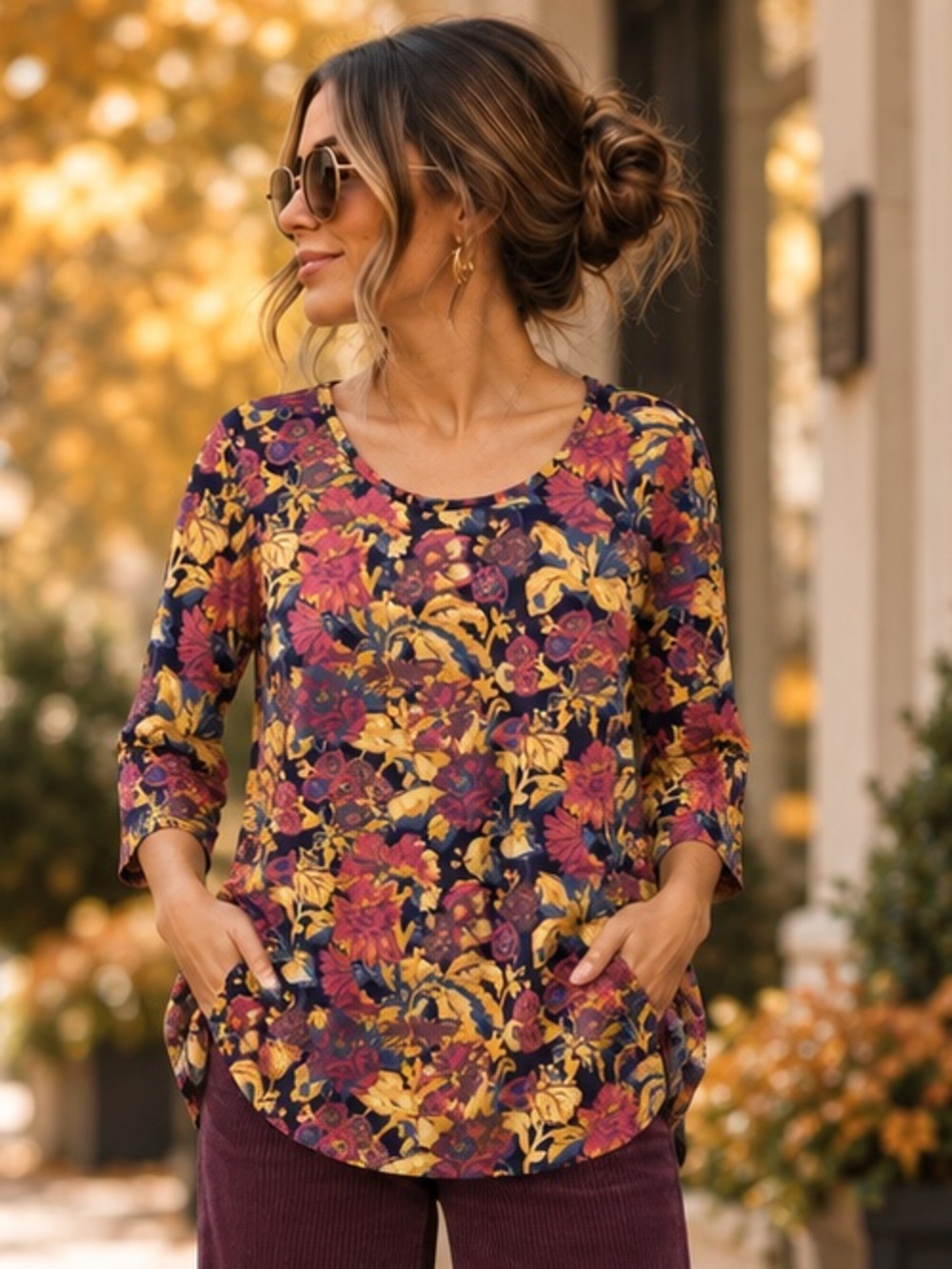 Peruvian Connection Pima Cotton Tunic Top Small Floral Paisley Purple Boho